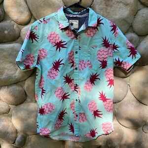 FREE PLANET Pink Pineapples on Sea-foam Green Short Sleeve Button Up Surf Shirt